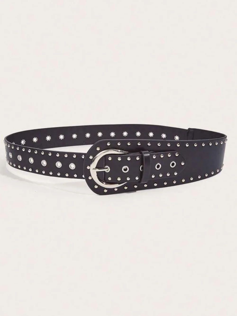 Black Studded Wide Leather Belt with Antique Silver Buckle